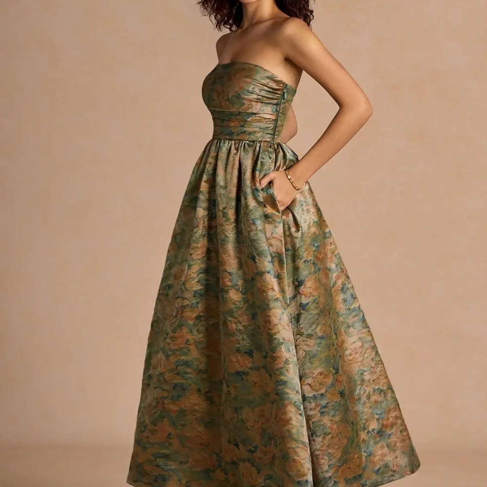 Azazie Strapless Floral Midi Dress in Green and Tan